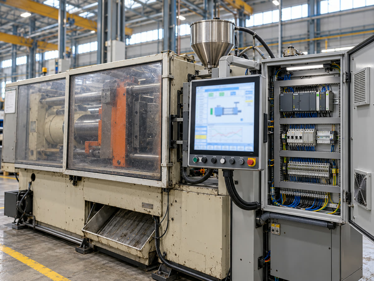 The same older press after the upgrade, with a new touchscreen and a rewired control cabinet